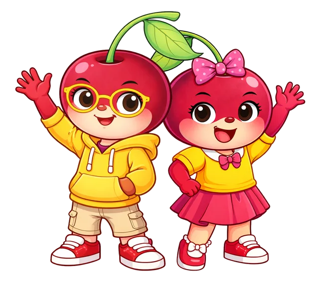 Two Cherry Pairs cherry mascots waving hello